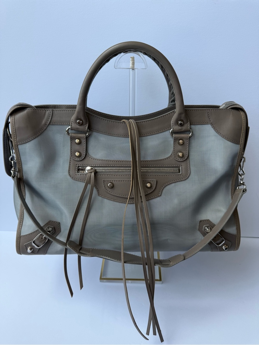 Balenciaga classic city gray mesh bag with taupe leather trim- limited edition!